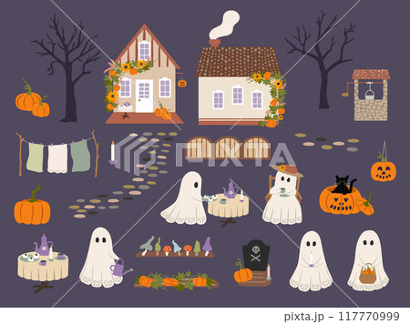 Cute cottagecore Halloween vector set. Hand drawn vintage ghosts, autumn houses with pumpkins, garden well, drying sheets, spooky trees, toadstool mushrooms, grave, road. Scary holiday scene creator 117770999