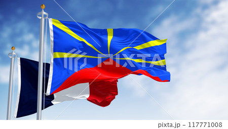 Reunion and national french flags waving in the wind on a clear day Reunion and national french flags waving in the wind on a clear day 117771008