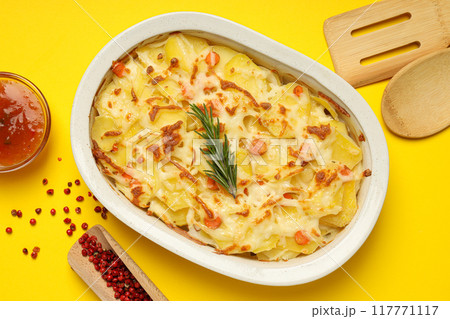 Concept of tasty and delicious homemade food - potato casserole 117771117