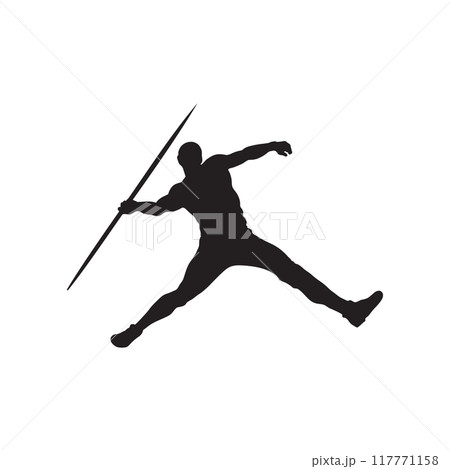 Javelin throw man athlete in athletics black silhouette. 117771158