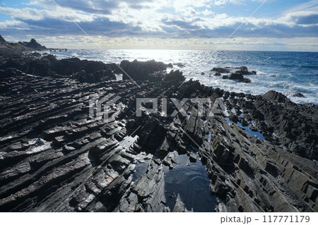 太平洋の水平線を背景に室戸ユネスコ世界ジオパーク行当黒見海岸サイトの風景　Ver3 117771179