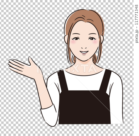 Line drawing of a woman wearing an apron giving a tour Line drawing of a woman wearing an apron giving a tour 117771348