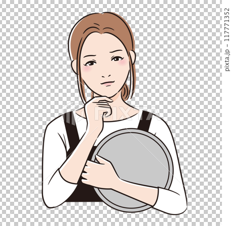 線画人物　エプロンをしてお盆を持つ女性が悩む 117771352