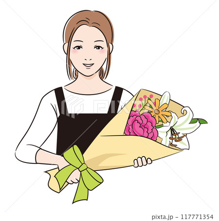 線画人物 エプロンをした女性が花束を持つ 線画人物 エプロンをした女性が花束を持つ 117771354