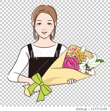 線画人物 エプロンをした女性が花束を持つ 線画人物 エプロンをした女性が花束を持つ 117771354