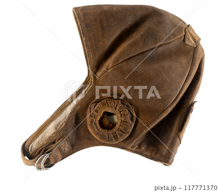 Pilot's hat. Brown leather earflap. Unform headdress isolated on white background Pilot's hat. Brown leather earflap. Unform headdress isolated on white background 117771370
