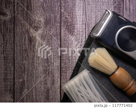 The shave and brush on wood table men concept. 117771402