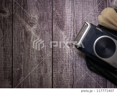 The shave and brush on wood table men concept. 117771407