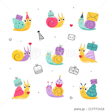 Cute Snail Character with Shell Carrying Gift Box and Cupcake on Its Back Vector Set 117771418