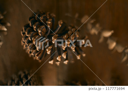Close up pine cones on beige background 117771694