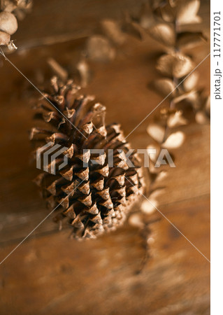 Close up pine cones on beige background 117771701
