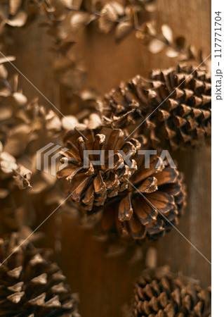 Close up pine cones on beige background Close up pine cones on beige background 117771704