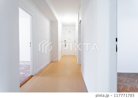 Empty corridor with doors leading to rooms in apartment during remodeling 117771785