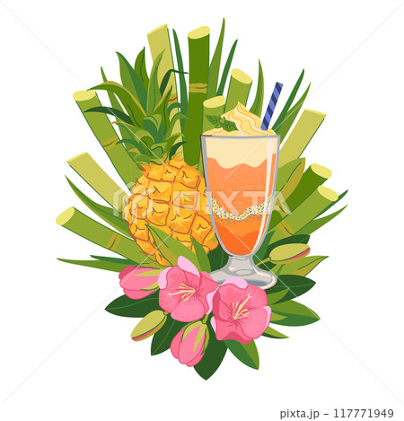 Vector composition with refreshing cocktail, pineapple and tropical flowers. Ice cream illustration for beach bar menu. Cruise vacation, summer holidays, party, cafe, vacation. Vector composition with refreshing cocktail, pineapple and tropical flowers. Ice cream illustration for beach bar menu. Cruise vacation, summer holidays, party, cafe, vacation. 117771949