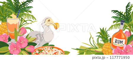 Horizontal template with tourist attractions of Mauritius island. Vector frame with place for text. Dodo bird, trochetia boutoniana flowers, pineapple, rum, cocktail. Tropical paradise place for rest. 117771950