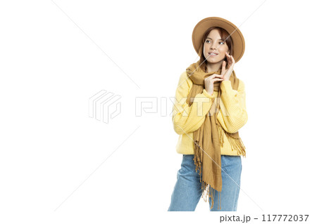 PNG, girl in a hat and a scarf, isolated on white background PNG, girl in a hat and a scarf, isolated on white background 117772037