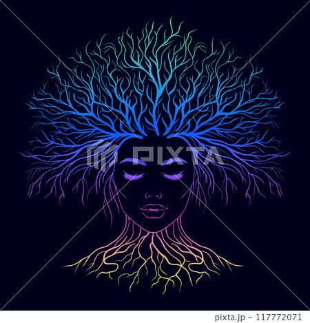 The face of a woman with a growing tree on her head. Gradient colors. 117772071