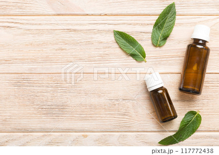 Natural Mint Essential Oil in a Glass Bottle. organic cosmetics with herbal extracts of mint on colored background 117772438