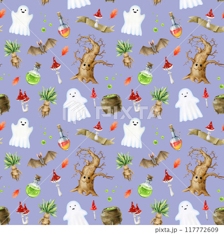 Halloween decor elements seamless pattern. Hand drawn ghosts, magic potion bottle, bat, toadstool, mandrake elements. Halloween collection for textile, wallpaper, printing, banners seamless pattern Halloween decor elements seamless pattern. Hand drawn ghosts, magic potion bottle, bat, toadstool, mandrake elements. Halloween collection for textile, wallpaper, printing, banners seamless pattern 117772609