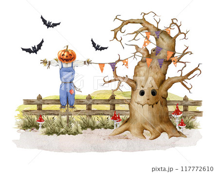 Halloween festive spooky decor scarecrow on the field. Hand drawn old thick tree, flying bat and scarecrow on the field. Halloween traditional scary landscape decoration on white background 117772610