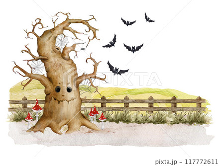Halloween festive spooky countryside landscape decor. Hand drawn old thick tree, autumn field, bat flying and old wooden fence. Halloween traditional scary decoration on white background Halloween festive spooky countryside landscape decor. Hand drawn old thick tree, autumn field, bat flying and old wooden fence. Halloween traditional scary decoration on white background 117772611