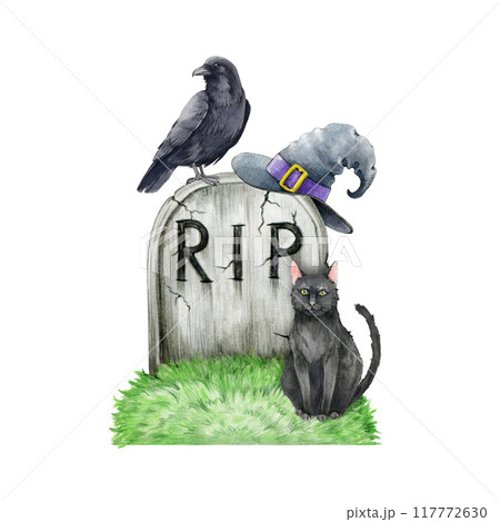 Wizard grave with perched black raven, cat and magic hat painted illustration. Hand drawn gravestone spooky Halloween element. Old stone tomb with rip sign scary Halloween symbol on white background Wizard grave with perched black raven, cat and magic hat painted illustration. Hand drawn gravestone spooky Halloween element. Old stone tomb with rip sign scary Halloween symbol on white background 117772630