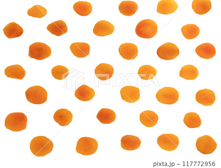 pattern of dried apricots on white background 117772956