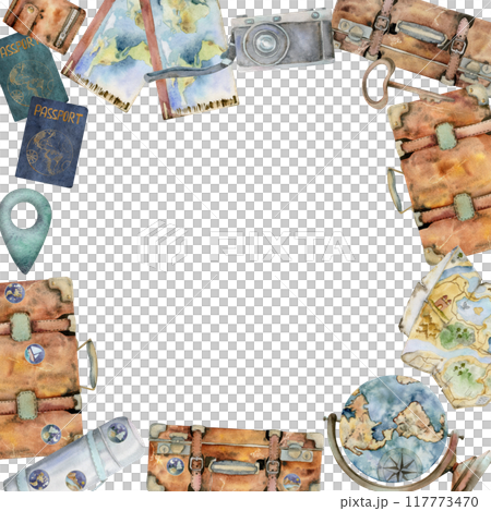 Old vintage suitcases, photo camera, map, flask. globe passport id, ticket card pass. Watercolor hand drawn illustration. Square frame. Design tourism, travel brochure, booklet, wedding guide, print. 117773470