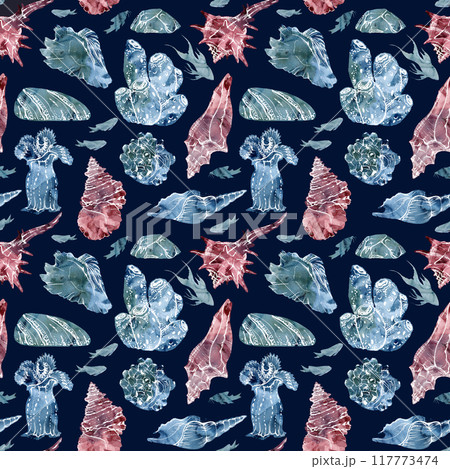 Watercolor and ink hand drawn marine life, sea ocean underwater creatures. fish, shells algae seaweed. Seamless pattern illustration, stylized, isolated on dark. Zoo shop, aquarium, cosmetics, resort 117773474