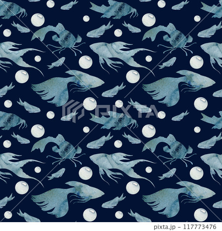 Watercolor and ink hand drawn marine life, sea ocean underwater creatures. fish, shells algae seaweed. Seamless pattern illustration, stylized, isolated on dark. Zoo shop, aquarium, cosmetics, resort Watercolor and ink hand drawn marine life, sea ocean underwater creatures. fish, shells algae seaweed. Seamless pattern illustration, stylized, isolated on dark. Zoo shop, aquarium, cosmetics, resort 117773476