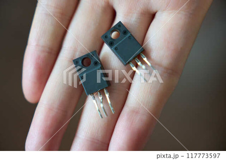 手の上の半導体トランジスタのクローズアップ 手の上の半導体トランジスタのクローズアップ 117773597