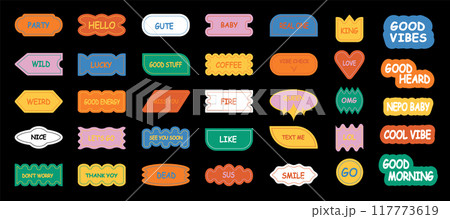 Brutalism retro 90s style naive playful abstract shapes sticker pack.  Doodle quote label collection, funny chat text icon with modern slang and positive words. Isolated flat cartoon clip art bundle. 117773619