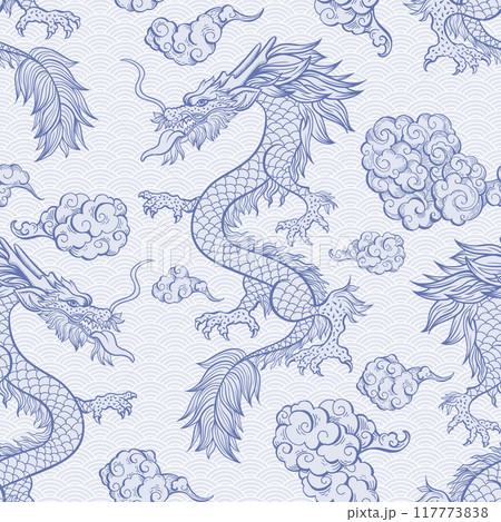 Oriental Dragon Flying In Clouds Seamless Pattern. Traditional Chinese Mythological Animal Illustration. Blue White Festival Serpent On Scallop Background. Wrapping Paper, Wallpaper, Textile Design 117773838