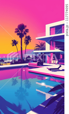 80年代 シティポップアート ネオンカラー 縦画像のイラスト素材