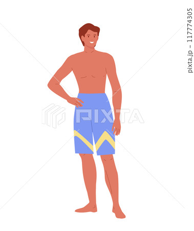 Young happy man standing in swimming shorts. Active male character on summer recreation, sea leisure 117774305