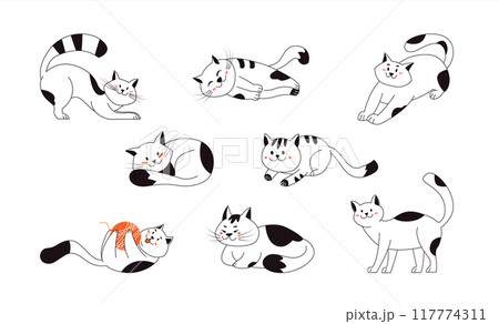 Cute smile cats playing, stretching, sitting, lying, relaxing. Funny purebred kittens in different poses. Pet animals set hand drawn 117774311