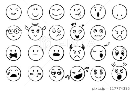 Doodle emoticons. Emotional faces hand drawn style. Different mood, happy confused angry crying surprised. Comic face neoteric vector clipart 117774356