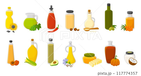 Different oils. Raw oil for food in glass bottles and jugs. Grape sunflower seed, extra virgin olive, corn and soybeans. Coconut oil for cosmetics, vector neoteric clipart 117774357