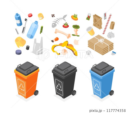 Isometric garbage trash cans. Waste bins and sorting garbage. Plastic glass paper and organic. Recycling, environmental care and support, flawless vector scene 117774358