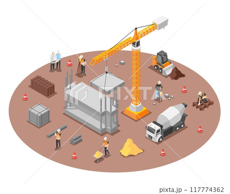 Isometric building construction. 3d scene of workers and special transport, bulldozer and truck crane. Build yard ground, flawless vector scene 117774362