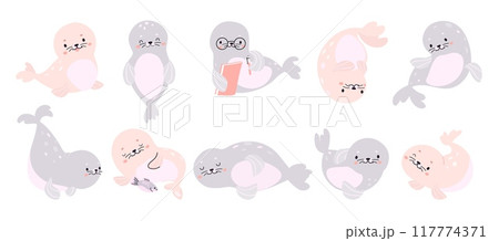 Funny polar seal. Baby arctic animal eat read play. Children mascots, underwater mammals funny characters. Sea ocean animals nowaday vector clipart Funny polar seal. Baby arctic animal eat read play. Children mascots, underwater mammals funny characters. Sea ocean animals nowaday vector clipart 117774371