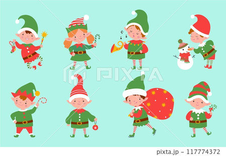 Christmas elf working. Holidays season, elves with presents box sweets musical instrument and decorations. Xmas santa characters nowaday vector clipart 117774372