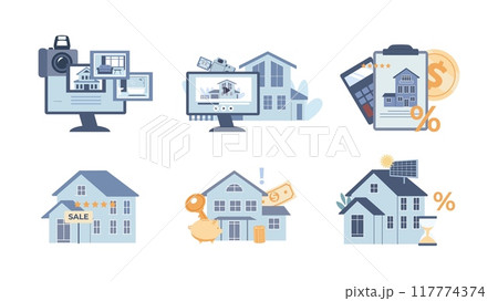 Real estate scenes. Video review of different houses, online sale of buildings with a discount or mortgage loan. Eco home, vector flat concept 117774374