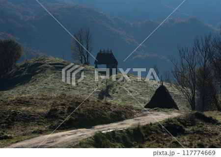 Countryside farmland in the autumn with thatched roof house, lodge, mountain cabin 117774669