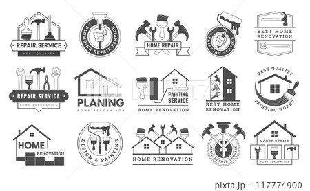 Home service badges. Repair workers logo collection construction planning painting design plumbing services recent vector home construction Home service badges. Repair workers logo collection construction planning painting design plumbing services recent vector home construction 117774900