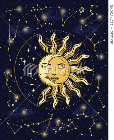 Poster with zodiacal constellations, sun eclipse with crescent moon. Eye of providence behind on background. Mystical astrological illustration in vintage style. 117775040