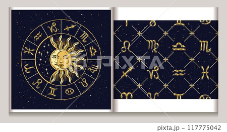 Horoscope wheel with sun eclipse, seamless geometric pattern with golden icons of all zodiac signs, stars. Classic square geometric diagonal net grid background. Esoteric mystic concept. Horoscope wheel with sun eclipse, seamless geometric pattern with golden icons of all zodiac signs, stars. Classic square geometric diagonal net grid background. Esoteric mystic concept. 117775042