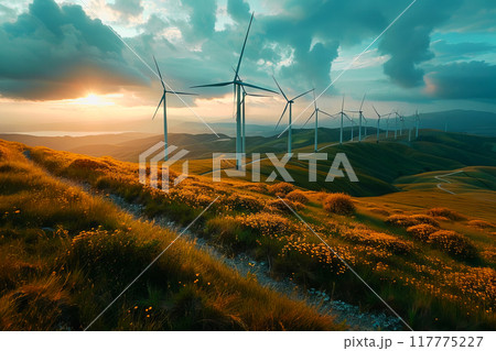 Wind power plant and technology. Smart grid. Renewable energy. Sustainable resources 117775227