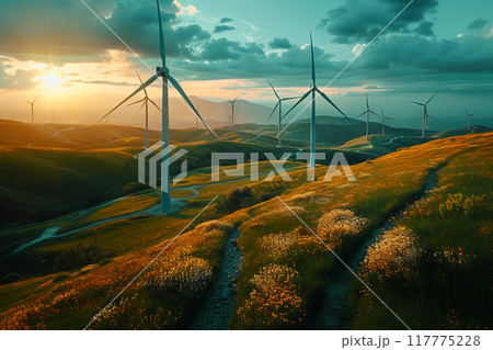 Wind power plant and technology. Smart grid. Renewable energy. Sustainable resources 117775228