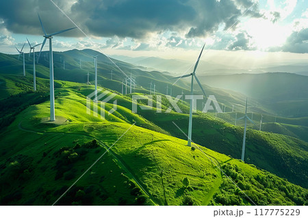 Wind power plant and technology. Smart grid. Renewable energy. Sustainable resources 117775229